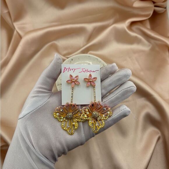 Betsey Johnson Pink and Gold Flower Earrings - Picture 2 of 3
